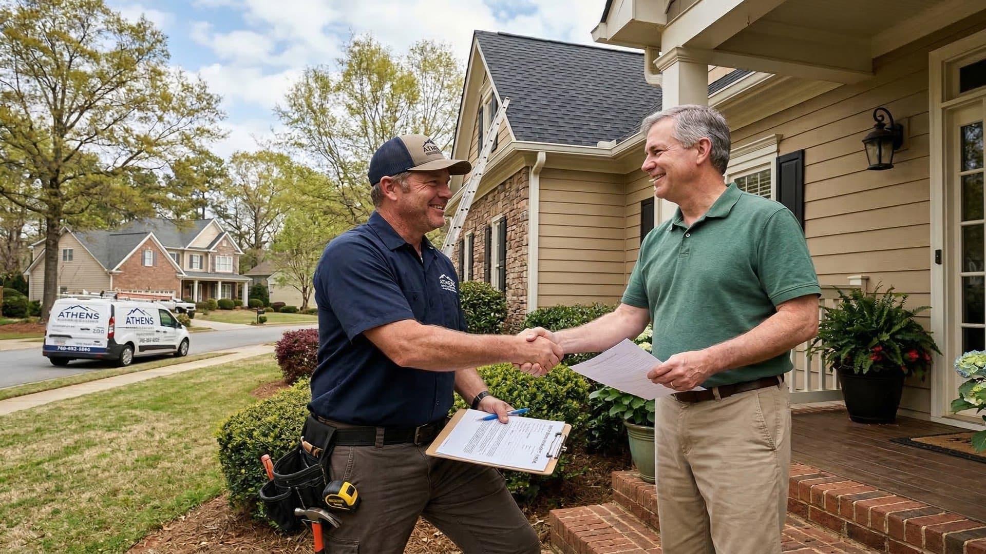 Roofing contractor with customer